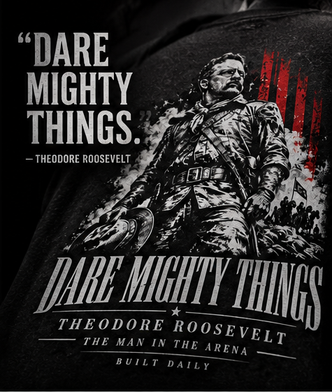 Close-up of the Built Daily Roosevelt back print: DARE MIGHTY THINGS, Theodore Roosevelt