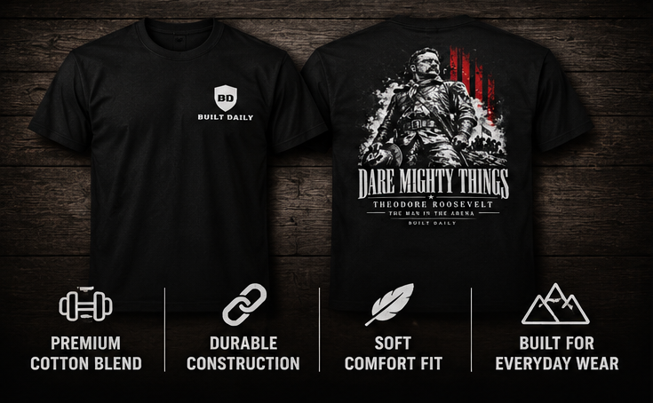 Built Daily Roosevelt tee, front and back, with premium cotton blend, durable construction, soft comfort fit and everyday wear icons