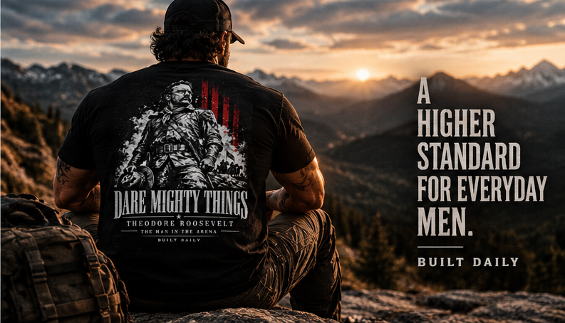 Man sitting on a mountain at sunset in the Built Daily Roosevelt tee, with A HIGHER STANDARD FOR EVERYDAY MEN