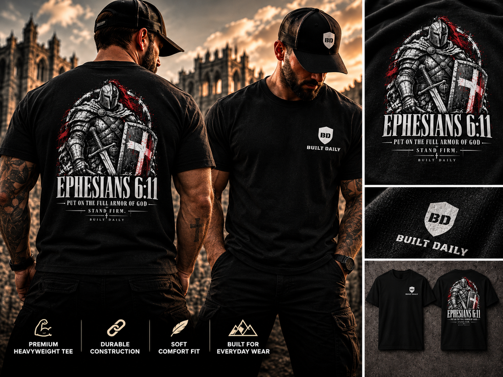 Two men wearing the Built Daily Ephesians 6:11 knight tee, back design and front shield logo, with close-ups