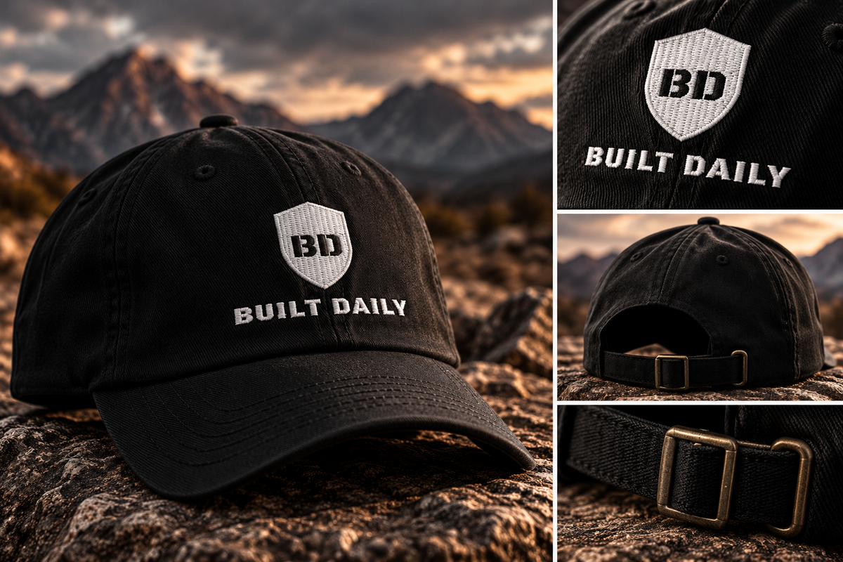 Black Built Daily Shield Cap on a rock at sunset, with close-ups of the embroidered shield and the back strap