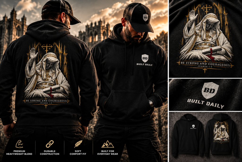 Two men in front of a cathedral wearing the Built Daily King Baldwin hoodie, back design and front shield logo, with close-ups