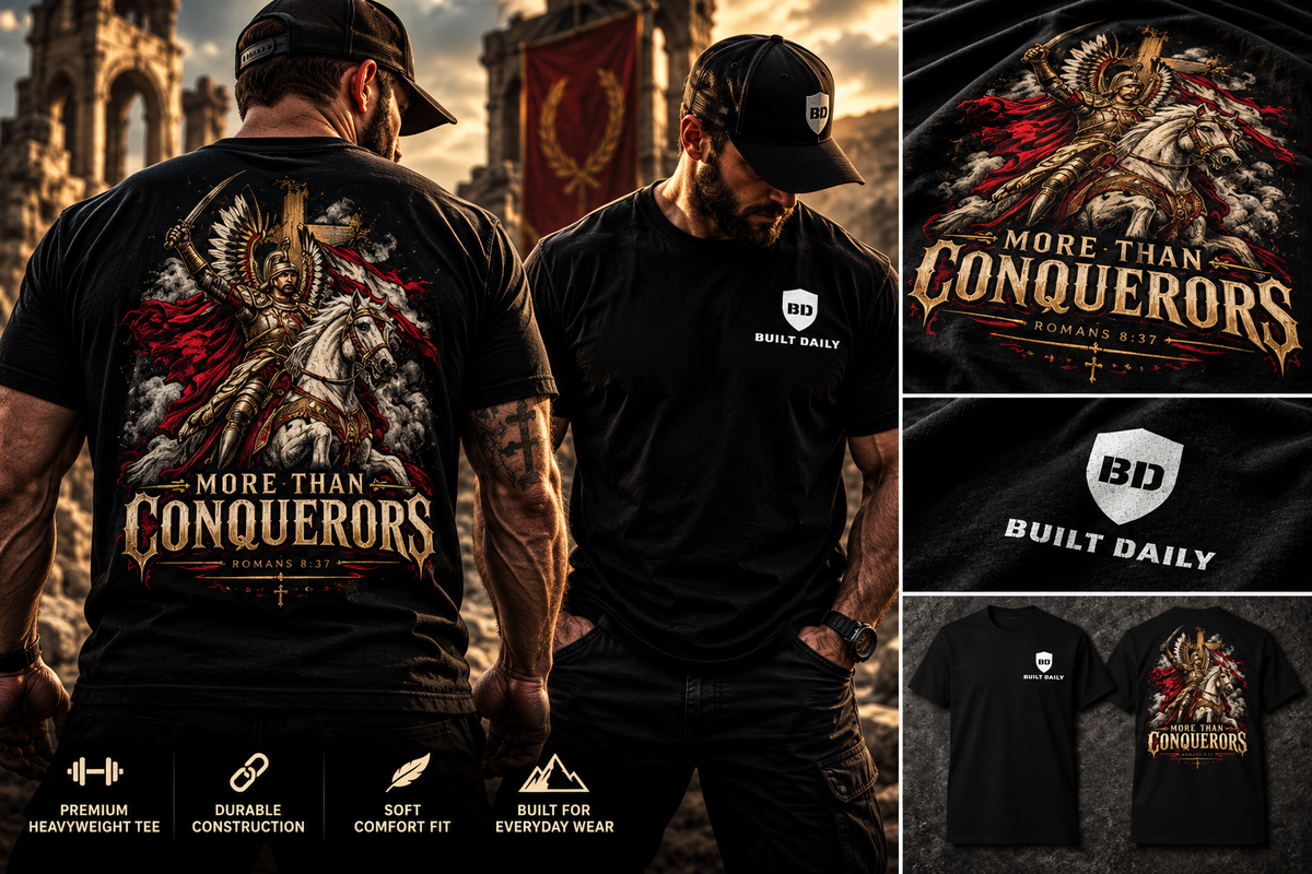 Built Daily Winged Hussar More Than Conquerors tee worn, with close-ups of the print and shield logo