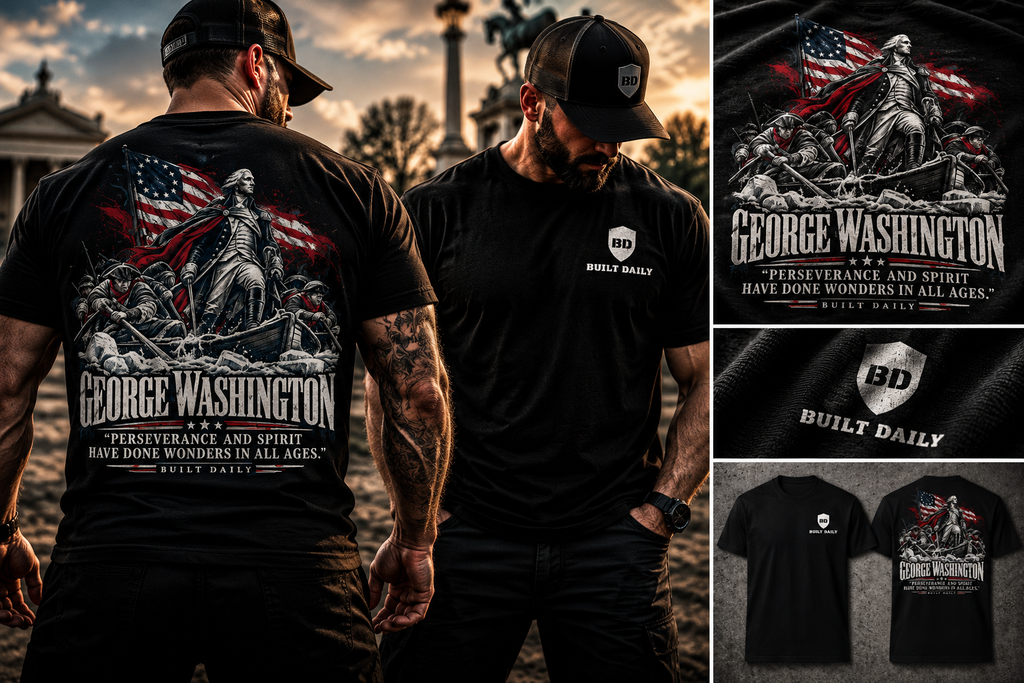 Built Daily Washington Perseverance and Spirit tee worn, with close-ups of the print and shield logo
