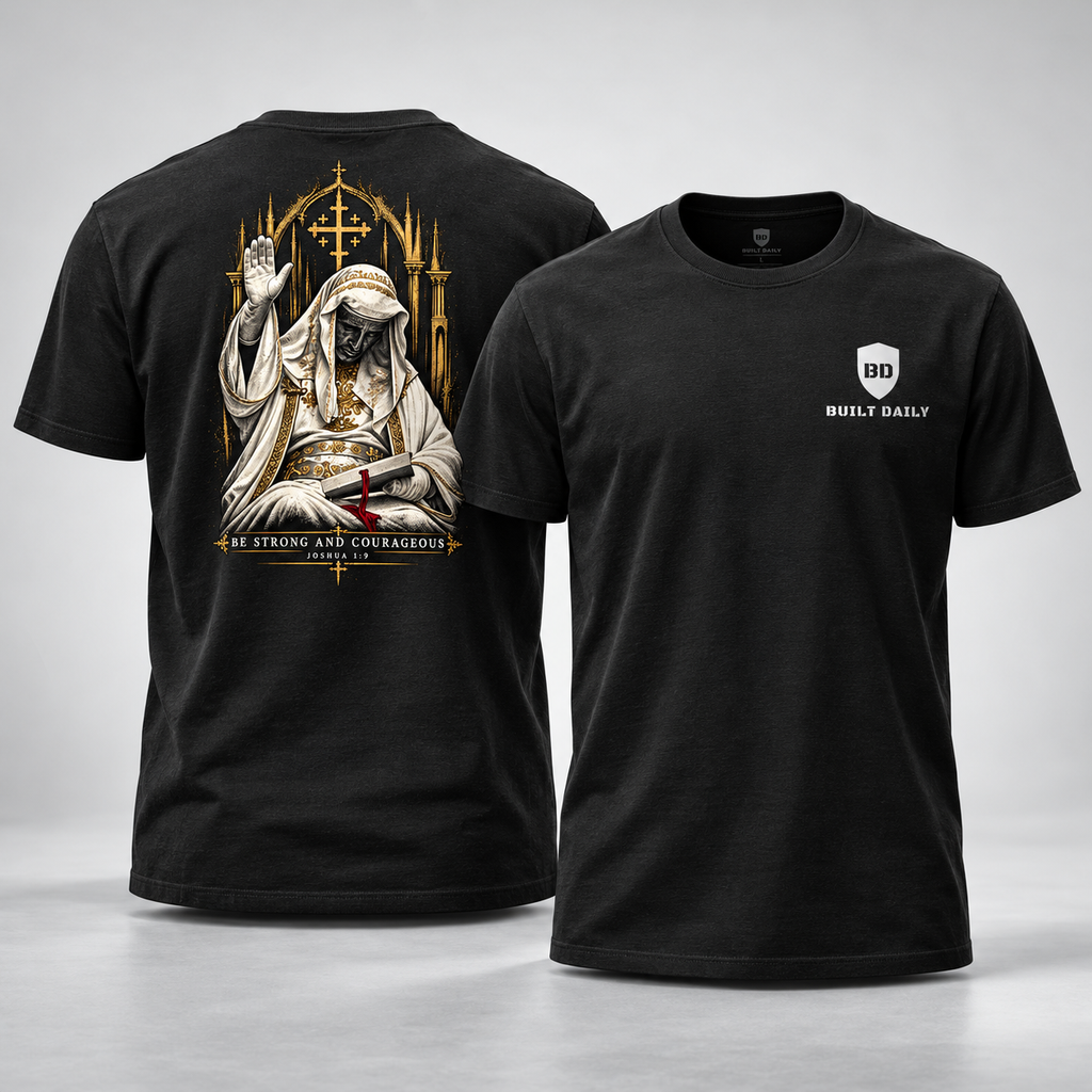 Built Daily King Baldwin tee, back with the Baldwin design and front with the small shield logo