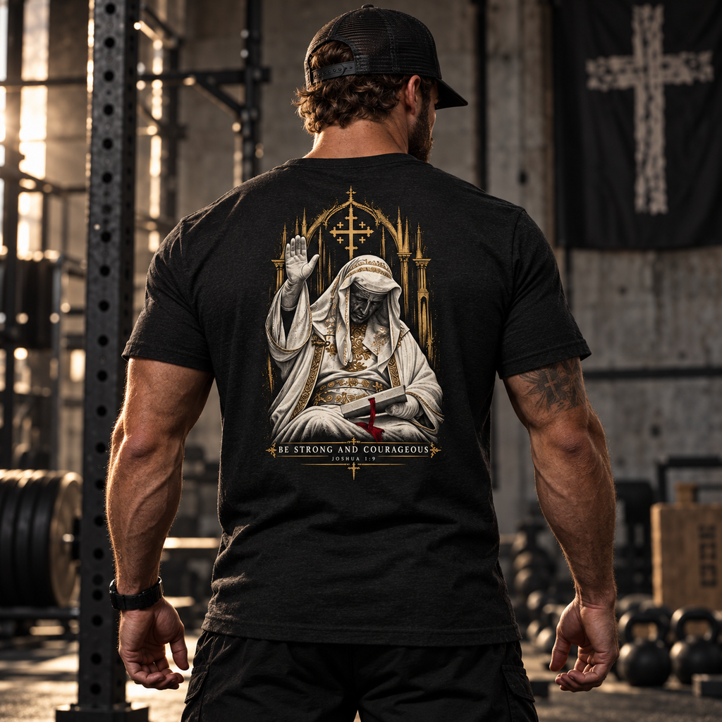 Man in a gym wearing the Built Daily King Baldwin Be Strong and Courageous tee, back view