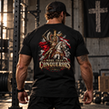 Man in a gym wearing the Built Daily Winged Hussar tee, back view: MORE THAN CONQUERORS