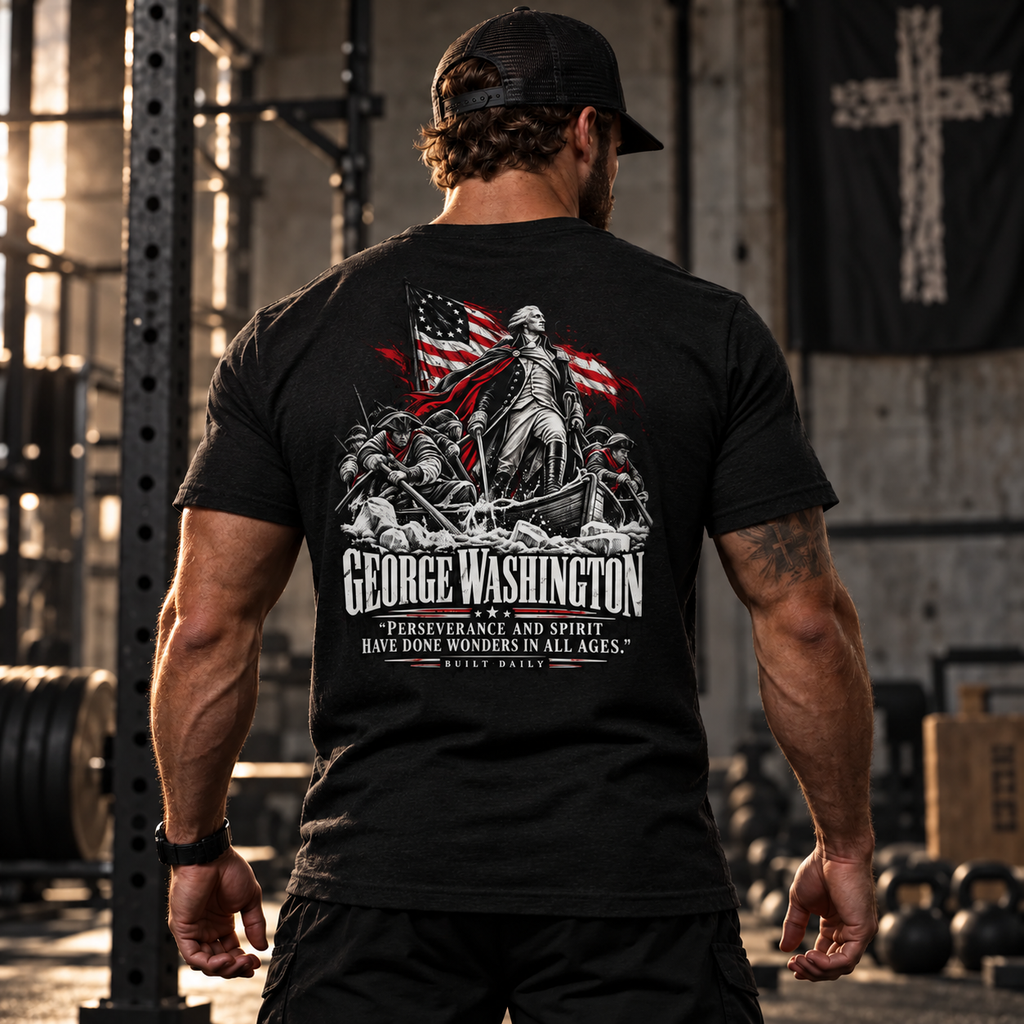 Man in a gym wearing the Built Daily George Washington tee, back view: PERSEVERANCE AND SPIRIT HAVE DONE WONDERS IN ALL AGES