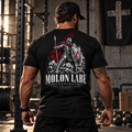 Man in a gym wearing the Built Daily Spartan tee, back view: MOLON LABE, Leonidas