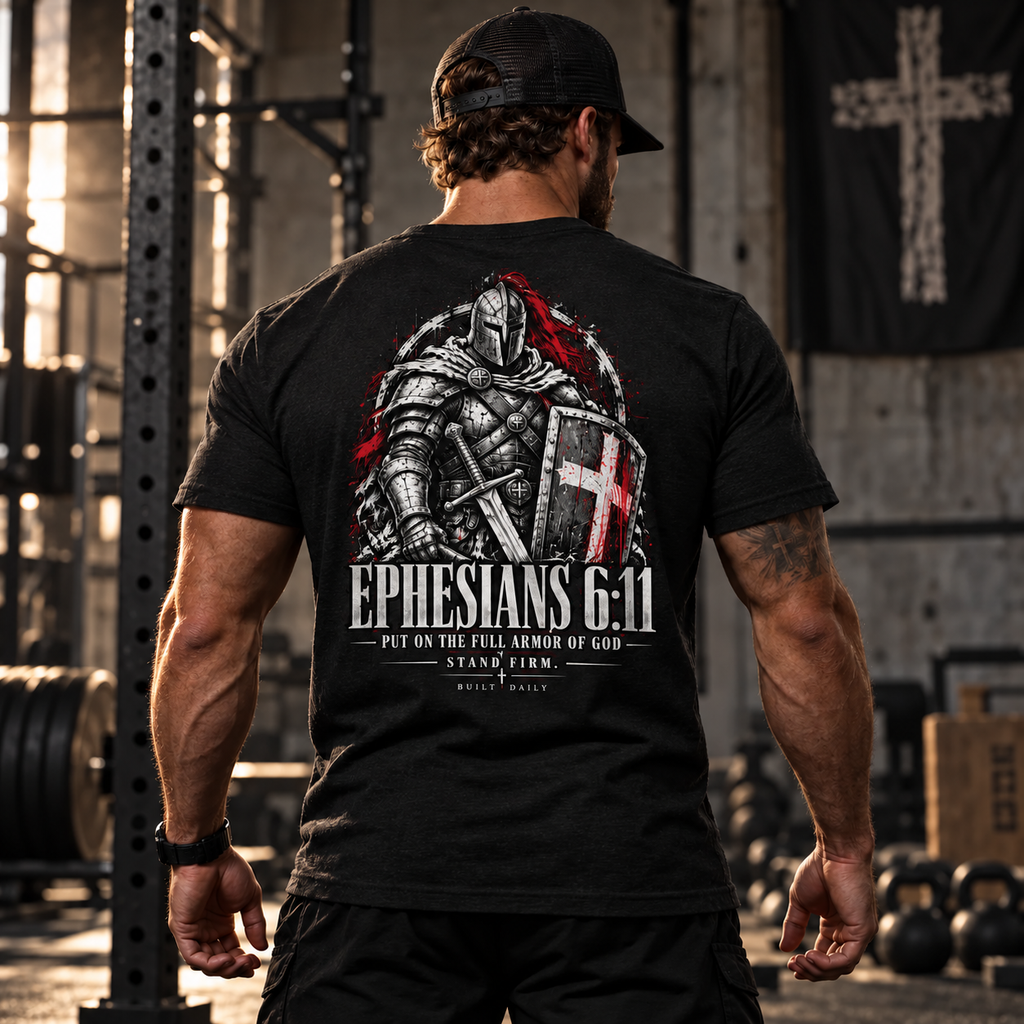 Man in a gym wearing the Built Daily Ephesians 6:11 knight tee, back view: PUT ON THE FULL ARMOR OF GOD