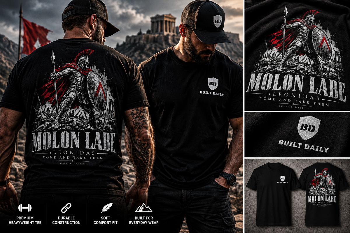 Built Daily Spartan Molon Labe tee worn, with close-ups of the print and shield logo
