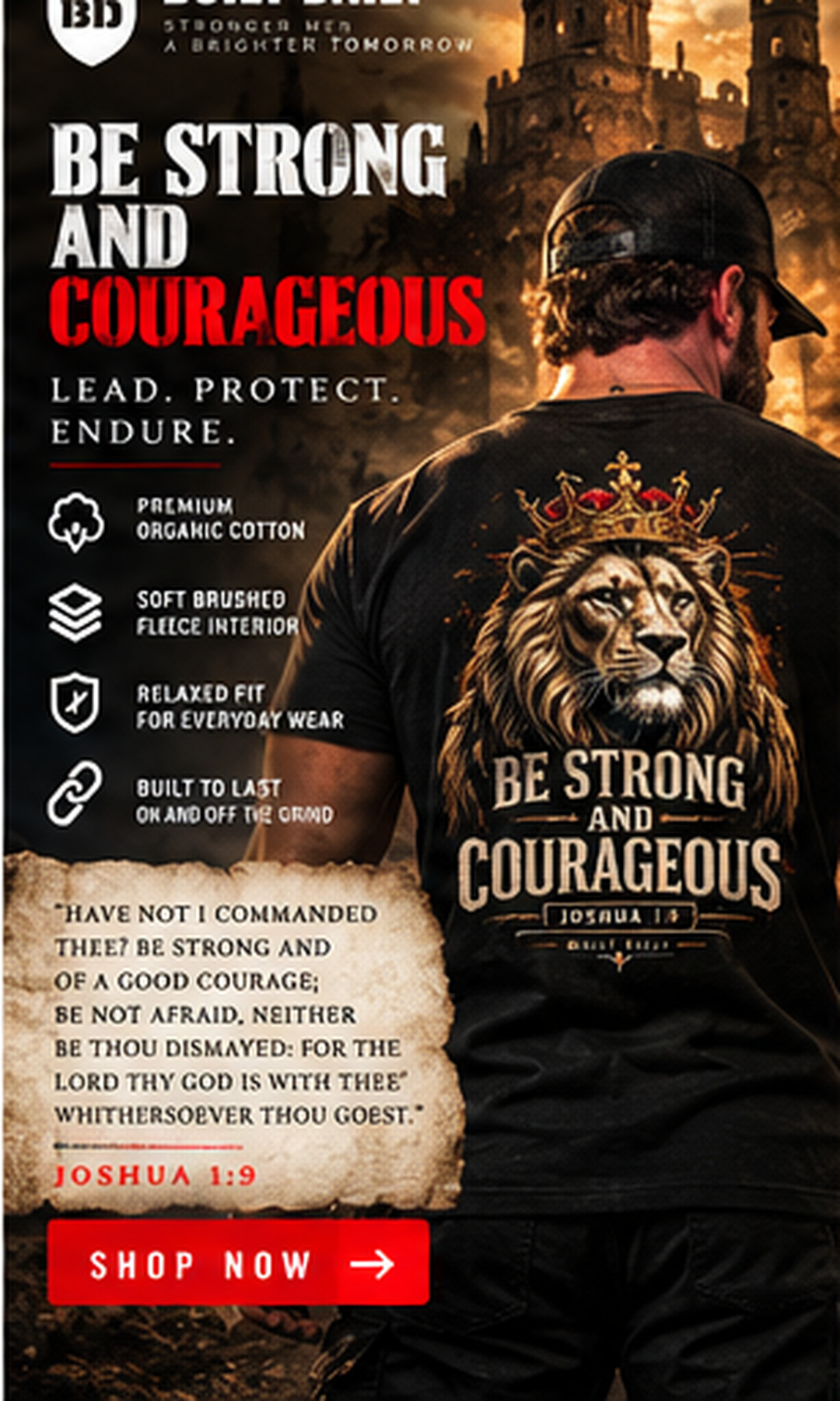 Joshua 1:9 Crowned Lion Tee: Be strong and courageous