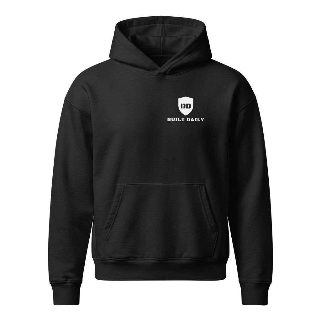 Black Built Daily hoodie: King Baldwin IV in white robes and iron mask before a gold Jerusalem cross, with BE STRONG AND COURAGEOUS, Joshua 1:9