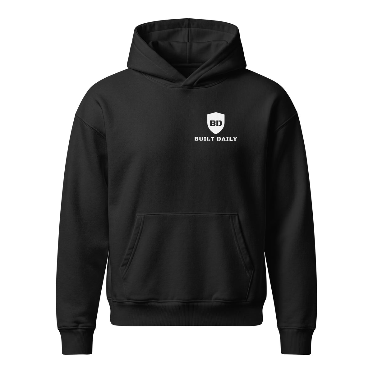 Black Built Daily hoodie: King Baldwin IV in white robes and iron mask before a gold Jerusalem cross, with BE STRONG AND COURAGEOUS, Joshua 1:9