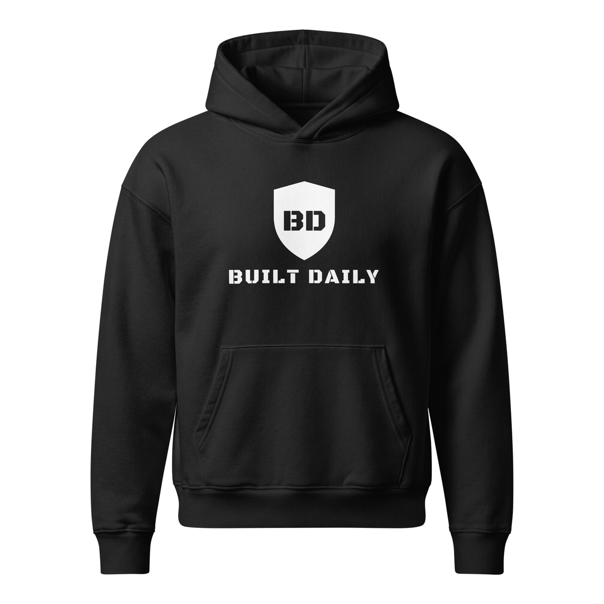 Black Built Daily Shield Hoodie with a large white shield logo and BUILT DAILY on the chest