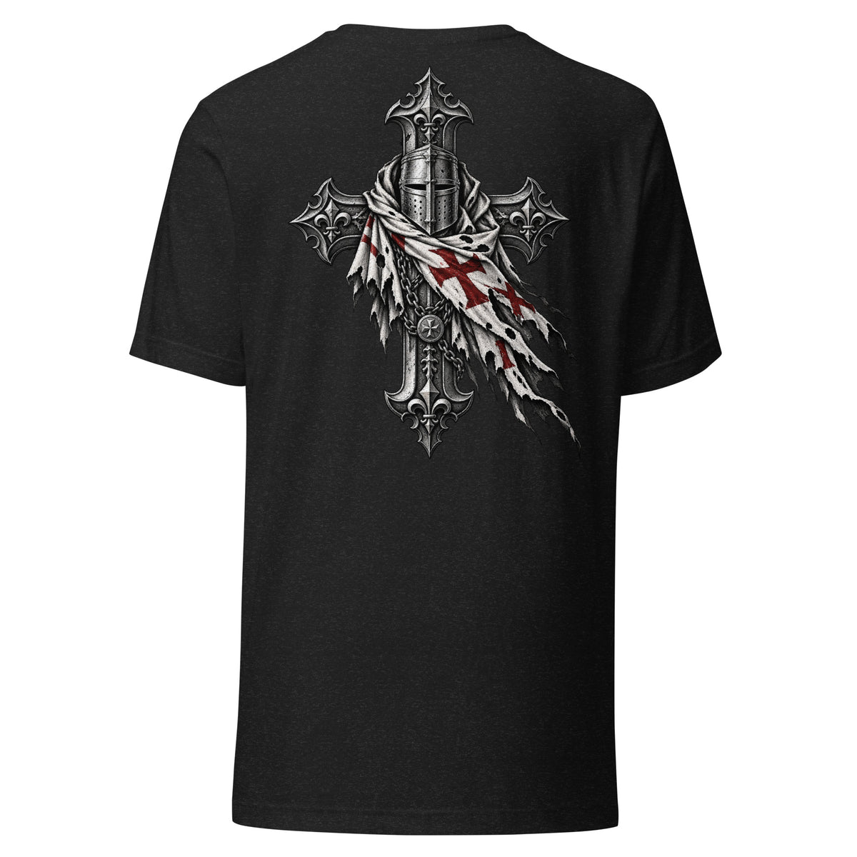 Galatians 6:14 Knight's Cross Tee, back: knight's helm on an ornate cross wrapped in a torn crusader banner