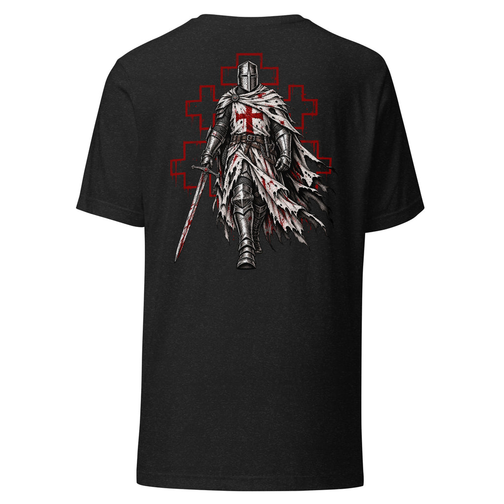 Isaiah 6:8 Crusader Tee, back: crusader knight in a torn white surcoat walking forward, red crosses behind
