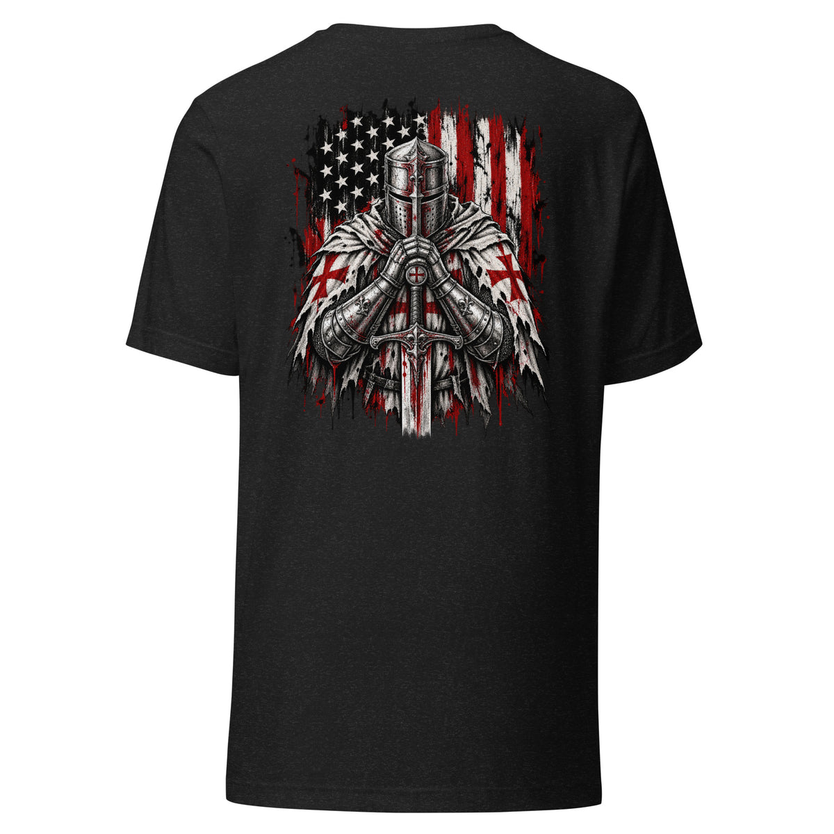 Psalm 33:12 Knight Tee, back: knight praying over his sword in front of a distressed American flag
