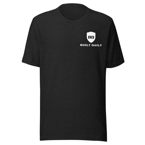 Black Built Daily tee: armored knight with sword and cross shield above EPHESIANS 6:11, PUT ON THE FULL ARMOR OF GOD, STAND FIRM