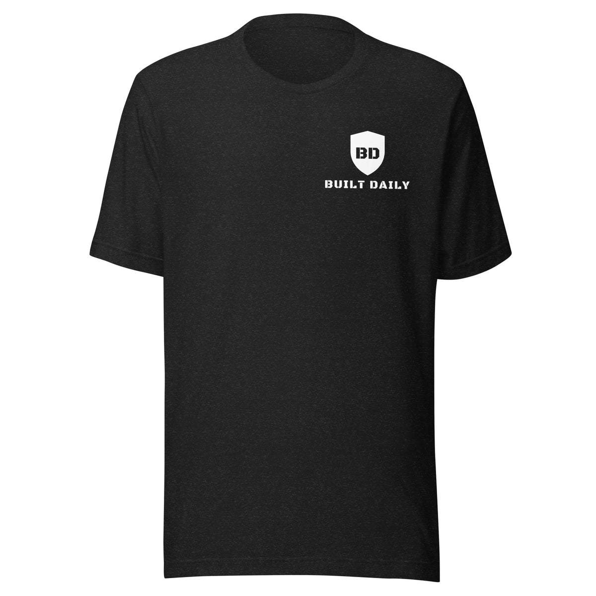 Black Built Daily tee: Samson overpowering a lion before a gold cross, with THE SPIRIT OF THE LORD CAME MIGHTILY UPON HIM, Judges 14:6