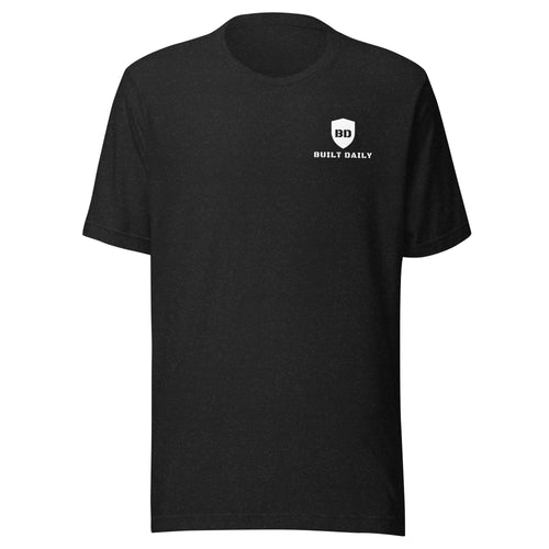 Black Built Daily 1 Corinthians 16:13: Stand Firm Crusader tee, front: Built Daily shield on the left chest